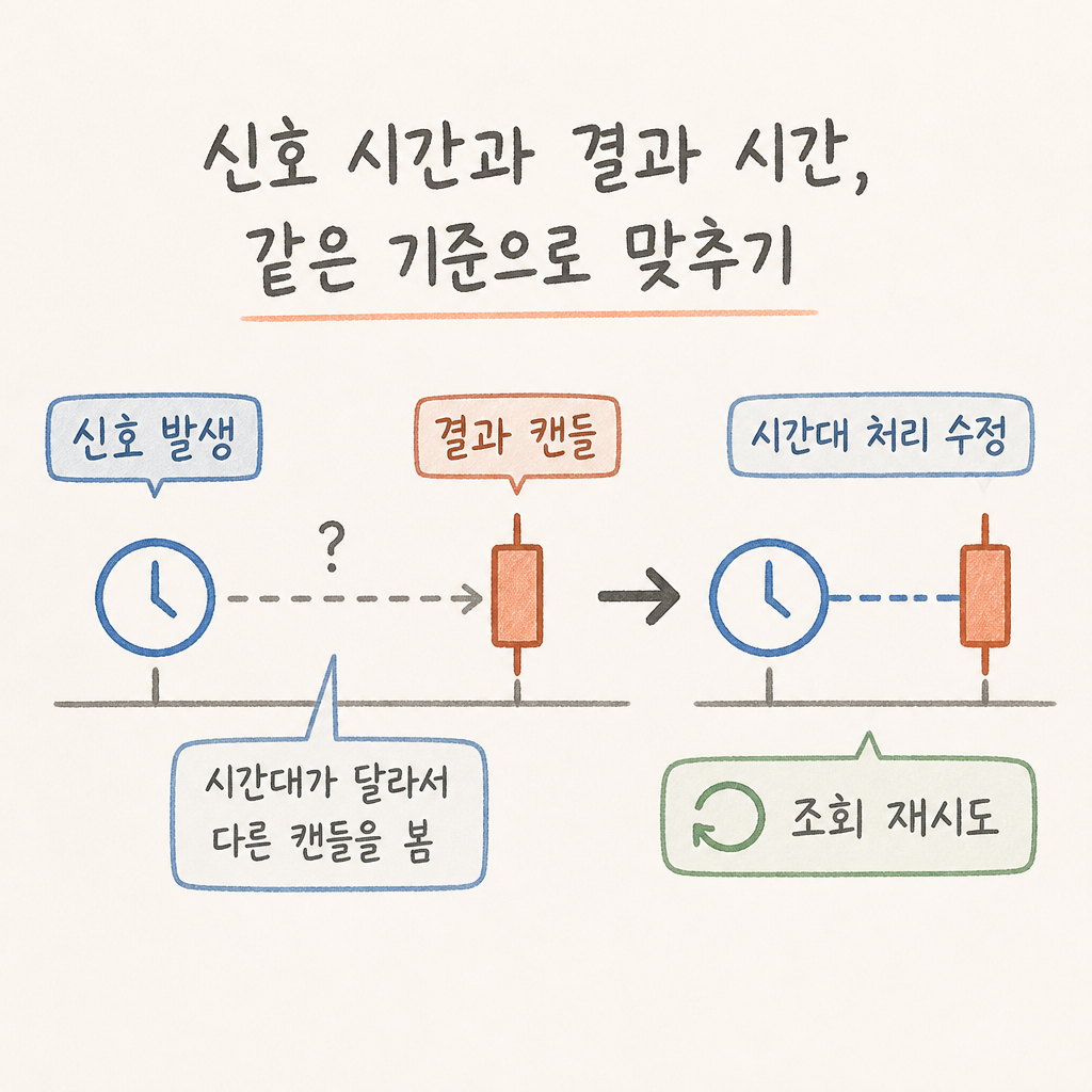 신호가 맞았는지 보려다, 시간대와 재시도를 다시 고쳤다의 핵심 문제와 해결 흐름을 보여주는 rio-trading-agent Episode 3 개념 이미지