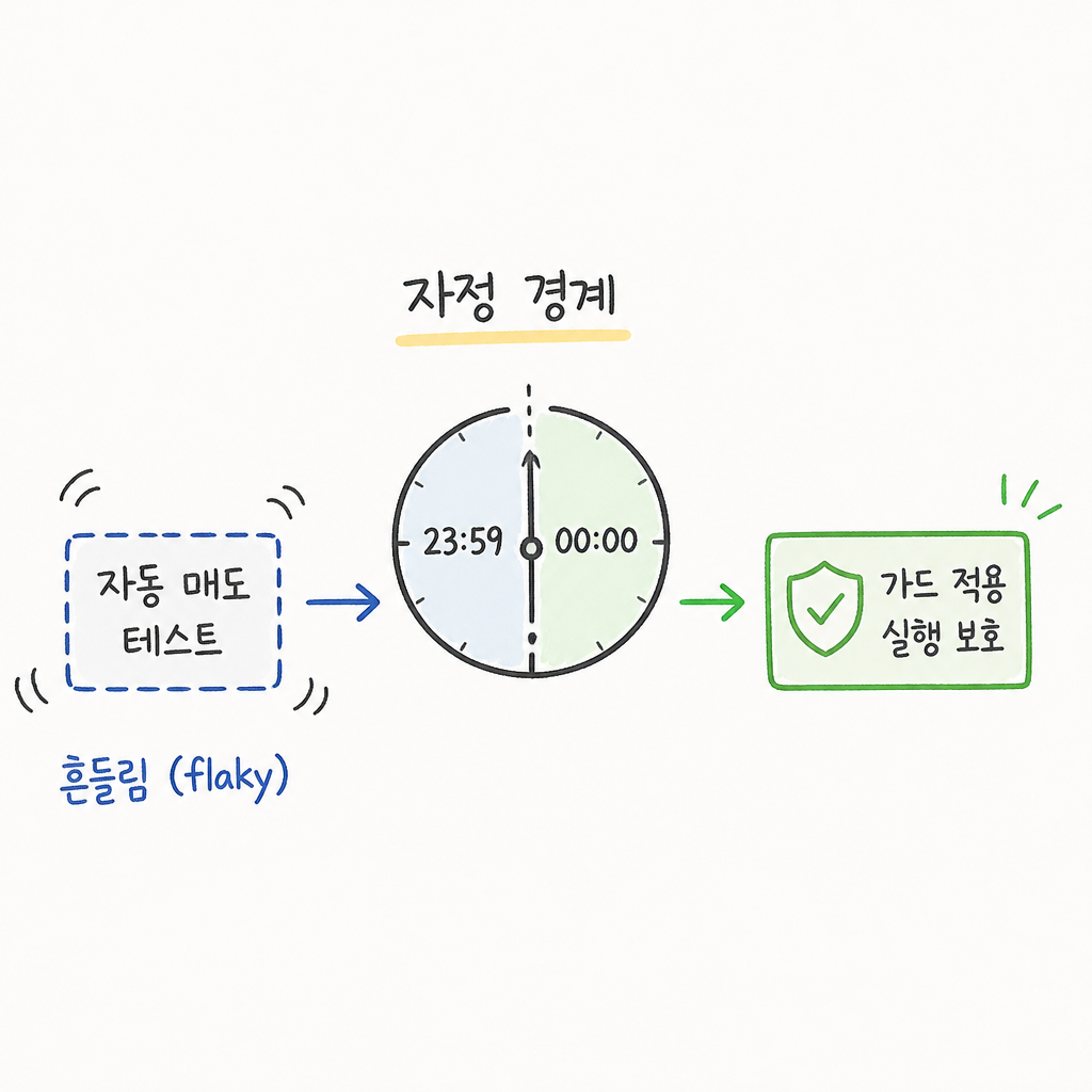 자정 경계에서 흔들리던 자동 매도 테스트를 수정한 기록의 핵심 문제와 해결 흐름을 보여주는 rio-trading-agent Episode 5 개념 이미지