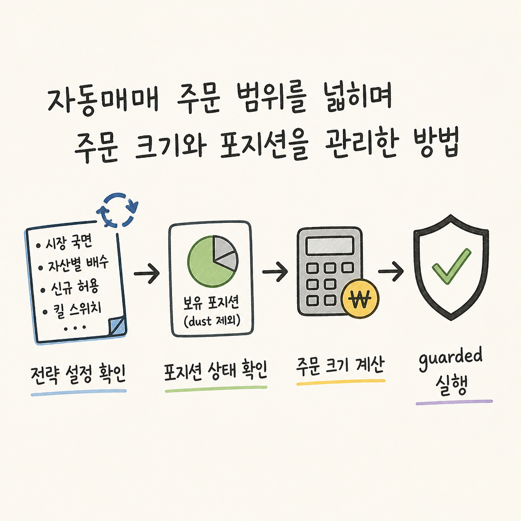 자동매매 주문 범위를 넓히며 주문 크기와 포지션을 관리한 방법의 핵심 문제와 해결 흐름을 보여주는 rio-trading-agent Episode 7 개념 이미지