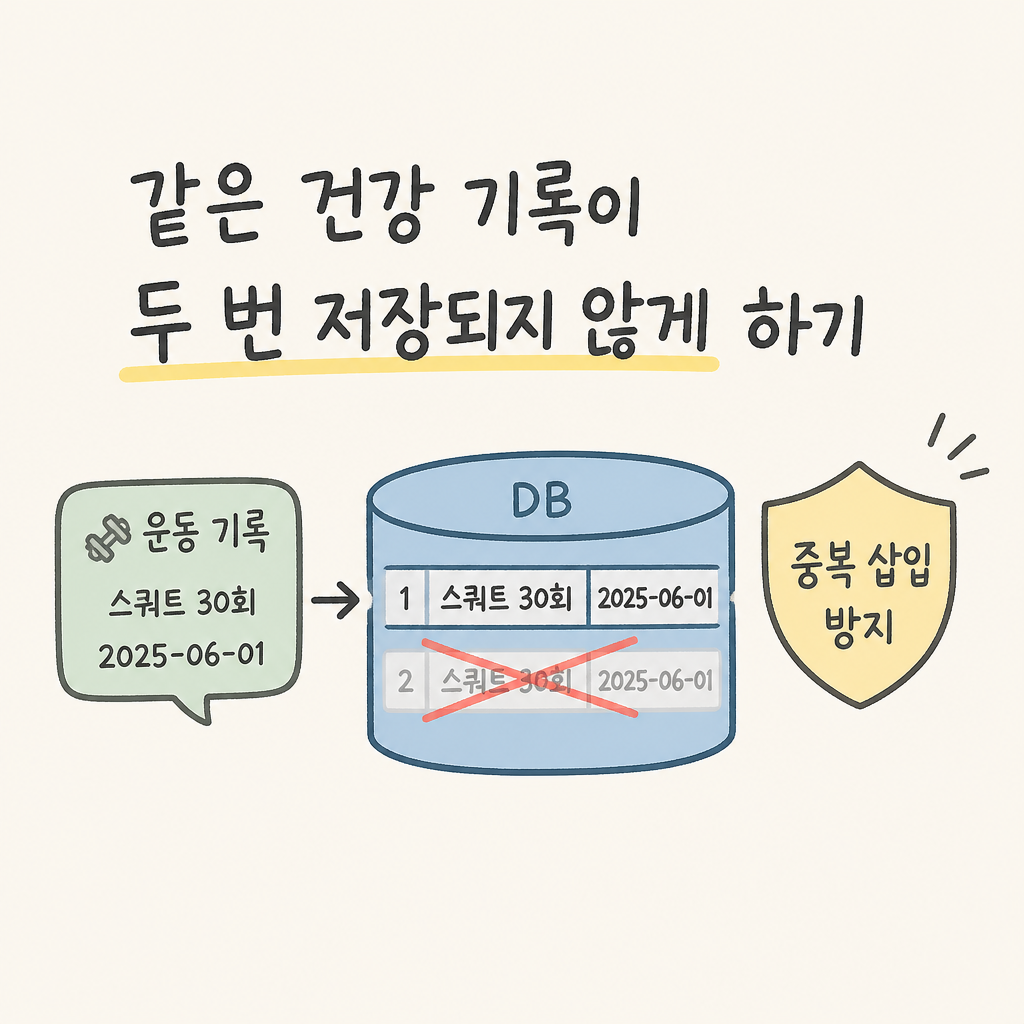 같은 건강 기록이 두 번 저장되지 않게 하기의 핵심 문제와 해결 흐름을 보여주는 ai-life-agents Episode 2 개념 이미지