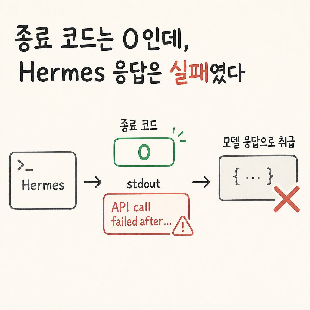종료 코드는 0인데, Hermes 응답은 실패였다의 핵심 문제와 해결 흐름을 보여주는 ai-life-agents Episode 4 개념 이미지