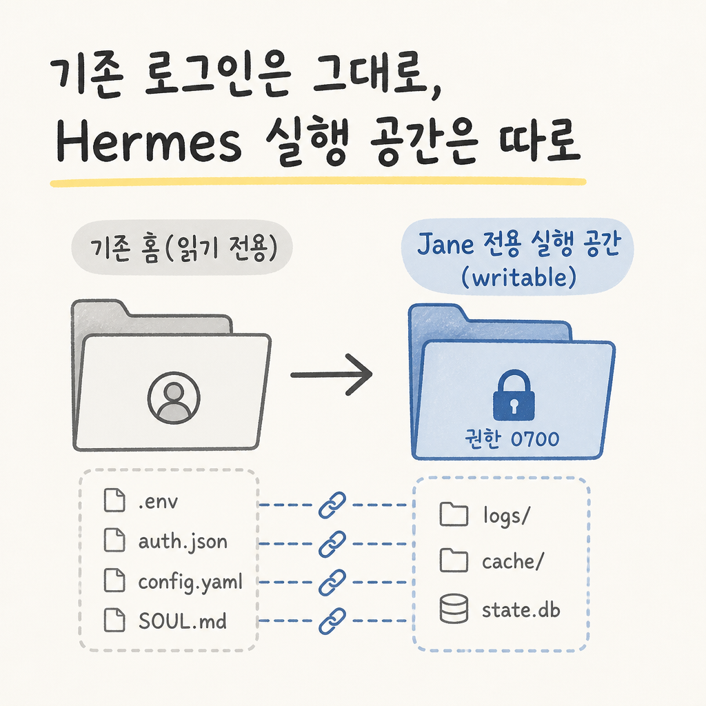 기존 로그인은 그대로, Jane용 Hermes 실행 공간은 따로 만들기의 핵심 문제와 해결 흐름을 보여주는 ai-life-agents Episode 5 개념 이미지